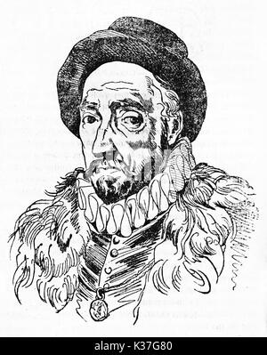 Portrait gravé de Michel Eyquem de Montaigne (1533 - 1592), philosophe de la Renaissance française. Vieille Illustration par Gigouc, publié le Magasin Pittoresque, Paris, 1834 Banque D'Images