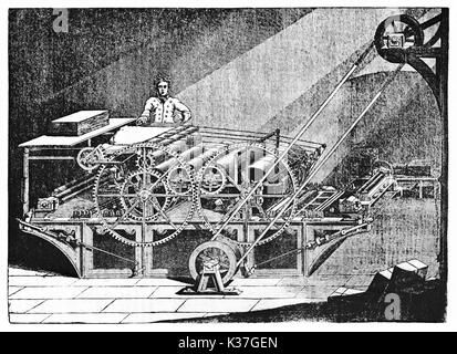 L'homme travaillant sur une ancienne imprimerie plein de roues et engrenages dans une grande pièce. Vieille Illustration d'auteur non identifié publié le magasin pittoresque Paris 1834 Banque D'Images