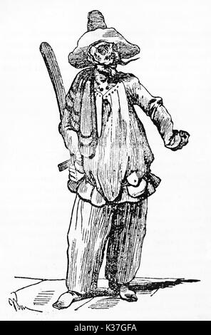 Pulcinella, Italien Commedia dell'Arte, caractère agissant en son costume traditionnel. Vieille Illustration d'auteur non identifié publié le magasin pittoresque Paris 1834 Banque D'Images
