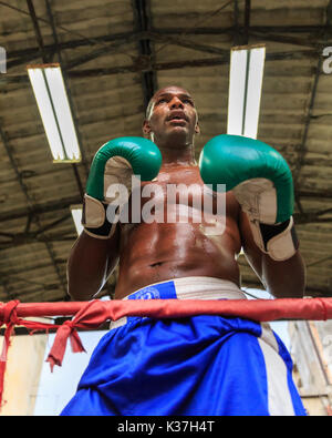 Les jeunes en formation Yoendis boxer Castillo au Gimnasio Rafael Trejo boxing gym et lieu, La Havane Banque D'Images