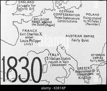 Cette carte politique montrant l'état de l'Europe en 1830 - Pays-Bas - Belgique - France - Confédération allemande - Pologne - Autriche - Italie - Grèce - Empire Ottoman Banque D'Images