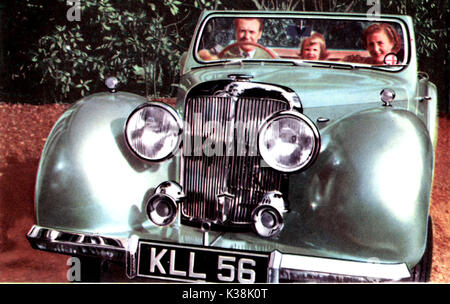 L'acteur John Mills sa femme écrivain et dramaturge Mary Hayley Bell et sa fille Juliette dans son cabriolet Triumph 1800, 16 chevaux location Banque D'Images