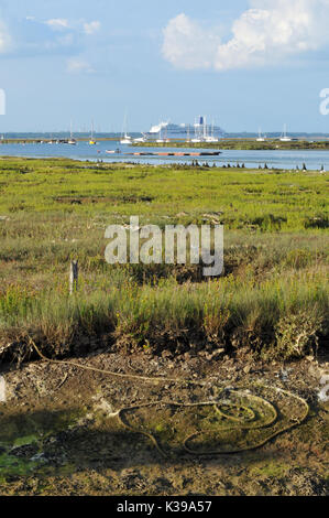 Un grand navire de croisière ou en passant l'entrée de Newtown Creek à l'île de Wight de roseaux et de marais de l'avant-plan dans l'estuaire Banque D'Images