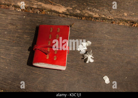 Livre journal rouge et petites fleurs blanches sur bois Banque D'Images