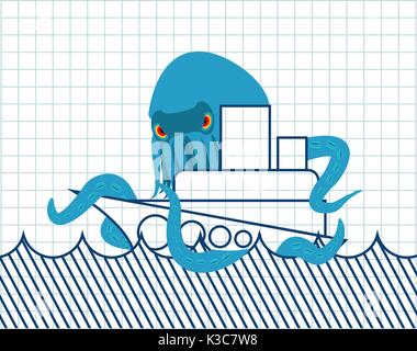 Le poulpe et navire dessiné. Navire et Monster. Poulpe effrayant. Ordinateur portable Illustration de Vecteur