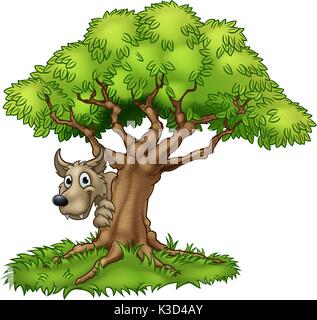 Cartoon Fairytale Grand Loup et arbre Illustration de Vecteur