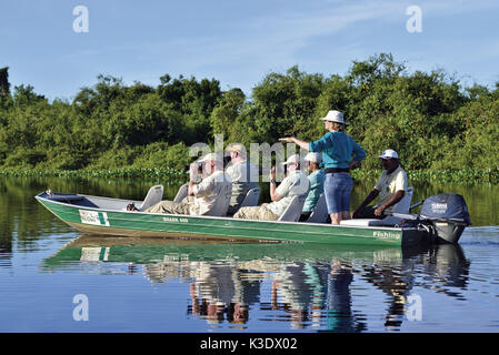 Brésil, Pantanal, une excursion en bateau et safari-photo avec les touristes et guide de voyage sur le Rio Claro, Banque D'Images
