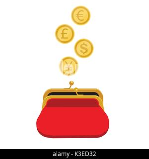 Vector illustration des pièces d'or tombant en rouge retro sac à main. Dollars baisse dans ouvrir le porte-monnaie. Concept d'économiser de l'argent. Euro, Dollar, yen et la livre Illustration de Vecteur