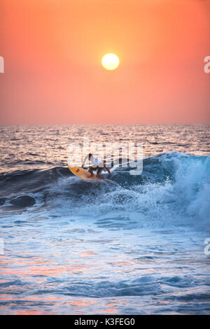 Surfer en face du soleil couchant soleil Banque D'Images