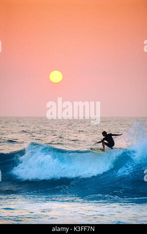 Surfer en face du soleil couchant soleil Banque D'Images