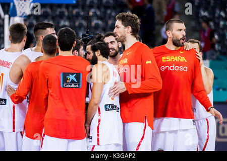 1 septembre 2017 : Ricky Rubio # 9 (ESP) Pau Gasol # 4 (ESP) Marc Gasol # 13 (ESP) au cours de l'Eurobasket FIBA 2017 - Groupe C, match entre l'Espagne et du Monténégro au hall polyvalent, Cluj-Napoca, Roumanie ROU. Foto : Cronos Banque D'Images