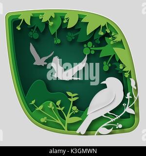 L'art du papier à découper oiseau sur branche d'arbre en forêt la nuit, origami concept nature et animaux idée, vector art et illustration. Illustration de Vecteur