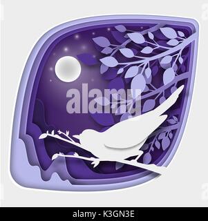 L'art du papier à découper oiseau sur branche d'arbre en forêt la nuit, origami concept nature et animaux idée, vector art et illustration. Illustration de Vecteur