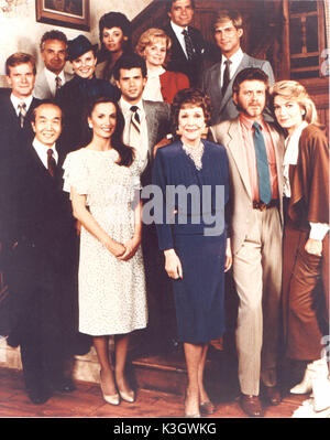 Rangée avant : FALCON CREST-CHAO LI CHI, ANA ALICIA , JANE WYMAN, ROBERT FOXWORTH, SUSAN SULLIVAN Deuxième rangée : WILLIAM R. MOSES, LORENZO LAMAS Troisième rangée : PAUL FREEMAN, [ ?], [ ?], SIMON MACCORKINDALE Rangée arrière : SARAH DOUGLAS, David Selby Banque D'Images