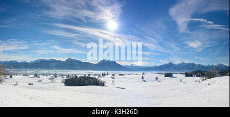 Panorama paysage d'hiver dans l'Allgäu, Bavière, fermer la vue sur les montagnes des Alpes et le Forggensee à Füssen Banque D'Images