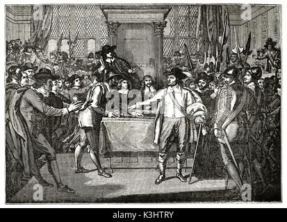 Ancienne gravée d'une reproduction d'une peinture représentant Cromwell et un groupe de soldats d'interrompre le Parlement. Après l'Ouest, publié le Magasin Pittoresque, Paris, 1838 Banque D'Images