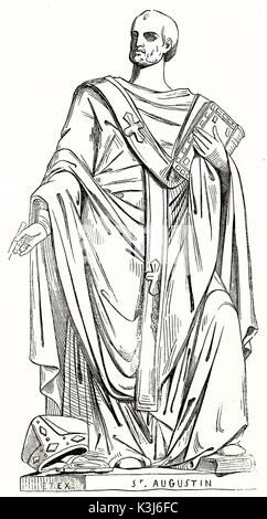 Ancienne gravée d'une reproduction d'une statue représentant Saint Augustin d'Hippone (354 - 430), théologien et philosophe chrétien. Après Etex, publié le Magasin Pittoresque, Paris, 1838 Banque D'Images