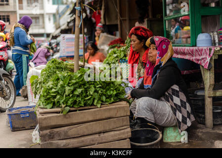 Deux vieilles femmes de marché dans son kiosque de légumes, en vêtements traditionnels de l'ethnie Batak. Enregistré au marché de Berastagi sur Sumatra, Indonésie. Banque D'Images