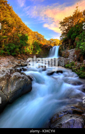Cascade de l'Whakapapanui flux dans le parc national de Tongariro comme un shot HDR avec exposition longue durée dans la dernière lumière du soir. Banque D'Images