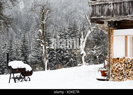 Ancienne ferme, tas de bois, grill, hiver, neige, détail, Banque D'Images