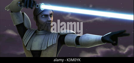 STAR WARS : The Clone Wars Jedi Knight héroïque Obi-Wan Kenobi Lève son sabre laser contre un ennemi Date : 2008 Banque D'Images