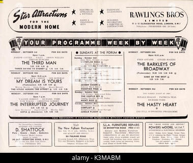 La chaîne ABC CINEMA programme mensuel Programme pour le FORUM ABC CINÉMA, FULHAM OCTOBRE 1949 Film que semaine inclus le troisième homme, la BARKLEYS OF BROADWAY, le coeur à la hâte, mon rêve est la vôtre, LE VOYAGE INTERROMPU Banque D'Images