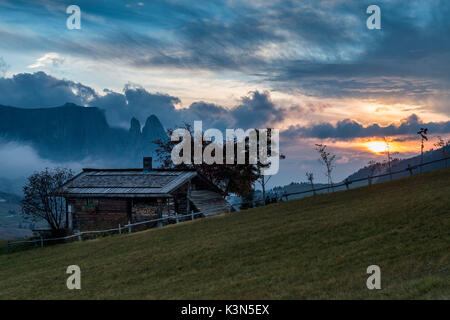 Alpe di Siusi / Seiser Alm, Dolomites, Tyrol du Sud, Italie. Coucher du soleil sur l'Alpe di Siusi / Seiser Alm avec le Sciliar/Schlern Banque D'Images