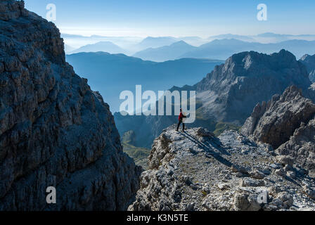 Dolomites de Brenta, Trentino, en Italie. Mountaineer à admirer la vue de la via ferrata Bocchette Alte Banque D'Images