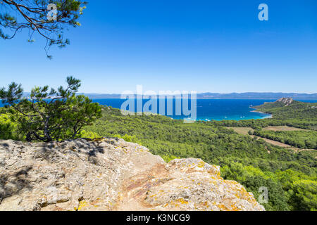 Vue depuis le haut de l'Ile de Porquerolles (Ile de Porquerolles, Hyères, Toulon, Var, Provence-Alpes-Cote d'Azur, France, Europe) Banque D'Images