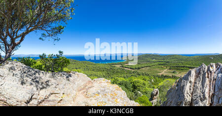 Vue panoramique depuis le haut de l'Ile de Porquerolles (Ile de Porquerolles, Hyères, Toulon, Var, Provence-Alpes-Cote d'Azur, France, Europe) Banque D'Images