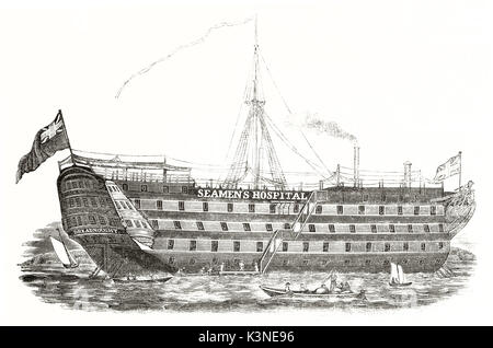 Grand ancien navire-hôpital français sur la Tamise, près de Greenwich. Graphique isolé sur fond blanc et petite partie de l'eau. Auteur non identifié par magasin pittoresque Paris 1839 Banque D'Images