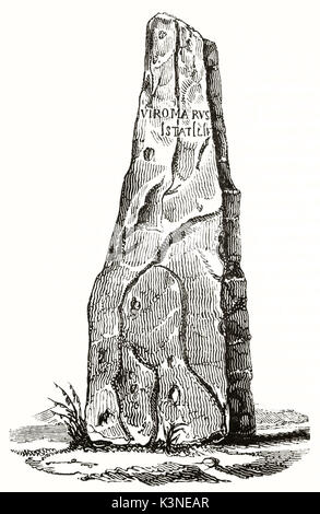 Détail d'un isolé ancienne grande pierre se tenant sur le sol. Haute-Borne Menhir Maine et Loire France. Par auteur non identifié publié le Magasin Pittoresque 1839 Banque D'Images