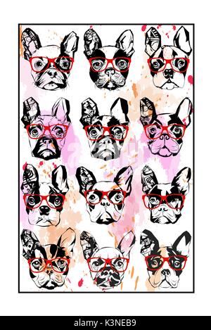 Portraits de bouledogue français portant des lunettes de soleil - Vector illustration Illustration de Vecteur