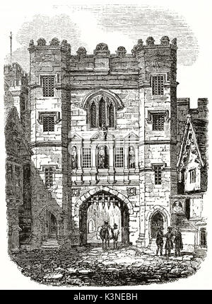 Vue avant de l'ancienne vieille prison de Newgate et porte à Londres, haut édifice médiéval en pierre solide lourd. Créé par Wittock et Wimper publié le magasin pittoresque Paris 1839 Banque D'Images