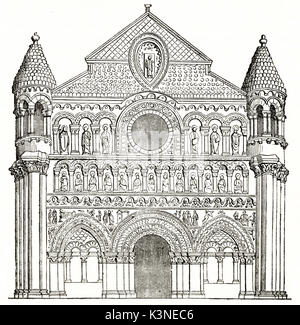 L'ancienne vue de face de l'église Notre-Dame la Grande façade Poitiers France. Noir et blanc isolé décoration riche illustration par auteur non identifié publié le magasin pittoresque Paris 1839 Banque D'Images