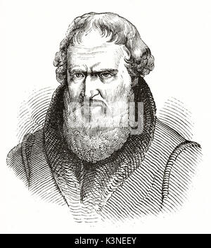 Gros plan ancienne gravé portrait d'un vieil homme barbu. Hans Sachs (1494-1576) poète et dramaturge allemand meistersinger cordonnier. Par auteur non identifié publié le magasin pittoresque Paris 1839 Banque D'Images