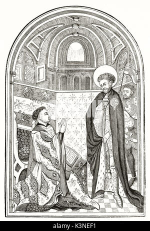 Reproduction d'une gravure ancienne représentant miniature de John Lancaster duc de Bedford kneing et priant devant Saint George. Auteur non identifié par l'éditeur sur le Magasin pittoresque Paris 1839 Banque D'Images