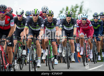 Mark Cavendish la Grande-Bretagne (au centre) avec son équipe de Dimension Data dans le peloton principal comme il passe Hume Château entre Kelso et Gordon durant la première étape de la tournée de l'OVO La Grande-Bretagne d'Edimbourg à Kelso. Banque D'Images