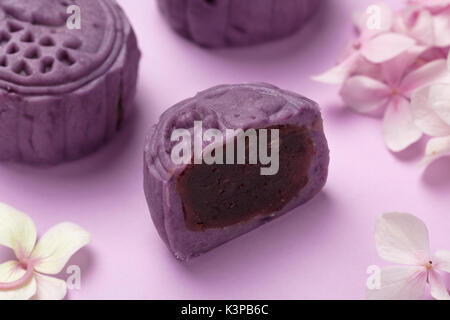 Belle mooncake sur fond coloré avec certains hydrangea. Banque D'Images