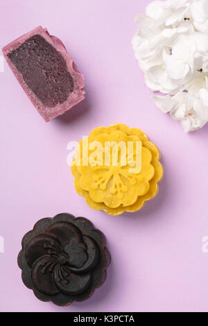 Belle mooncake sur fond coloré avec certains hydrangea. Banque D'Images