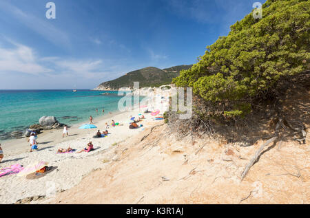 La végétation méditerranéenne frames la plage et la mer turquoise de Porto Sa Ruxi Villasimius Cagliari Sardaigne Italie Europe Banque D'Images