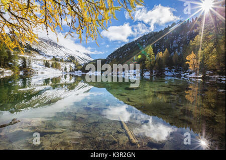 Le soleil brille sur les eaux claires de Lai da Palpuogna Col d'Albula Bergün Canton des Grisons Engadine Suisse Europe Banque D'Images