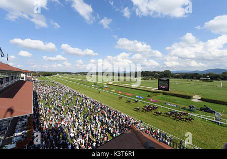 Iffezheim, Allemagne. Sep, 2017 3. Un groupe de coureurs franchir la ligne d'arrivée sur la 6ème journée de course à Iffezheim, Allemagne, 3 septembre 2017. Photo : Uli Deck/dpa/Alamy Live News Banque D'Images