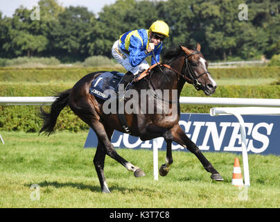 Iffezheim, Allemagne. Sep, 2017 3. Le jockey Filip Minarik gagne le 145e Grand Prix de Baden avec son cheval Guignol sur la 6ème journée de course à Iffezheim, Allemagne, 3 septembre 2017. Photo : Uli Deck/dpa/Alamy Live News Banque D'Images