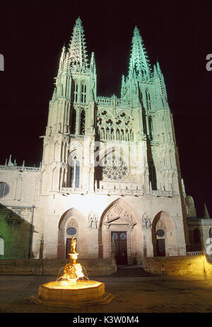 Cathédrale gothique, vision de nuit. Burgos, Castille Leon, Espagne. Banque D'Images