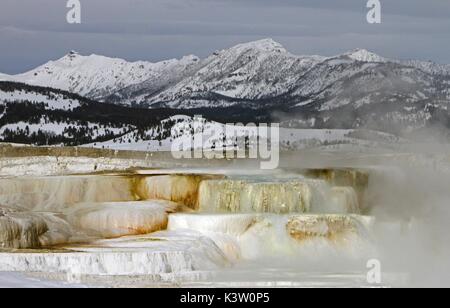 L'eau gèle comme il coule vers le bas la terrasse face au Mammoth Hot Springs Secteur de printemps dans le Parc National de Yellowstone, le 7 février 2013 dans le comté de Park, Wyoming. (Photo par Jim Peaco par Planetpix) Banque D'Images