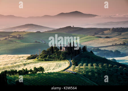 Val d'Orcia, Toscane, Italie. Une ferme isolée de cyprès et d'oliviers, de collines. Banque D'Images