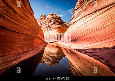 Arizona - Utah frontière, un superbe rocher connu sous le nom de la vague dans le désert rocailleux, réfléchissant sur une flaque d'eau rare Banque D'Images