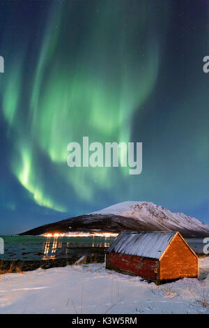 Le Northern Lights peint le ciel au-dessus de la réserve naturelle. Spaknesora Spaknesora naturreservat, Djupvik, Lyngenfjord, Alpes de Lyngen, Troms, Norvège, Laponie, Europe. Banque D'Images