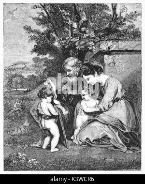 Ancienne reproduction gravée de la Sainte Famille (avec Jean le Baptiste) après painture de Sir Joshua Reynolds. Publié le Magasin Pittoresque, Paris, 1841 Banque D'Images